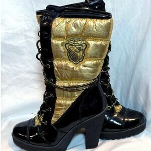 Baby Phat Gold Patent Heeled Lace Up Puffer Boots Size 6.5